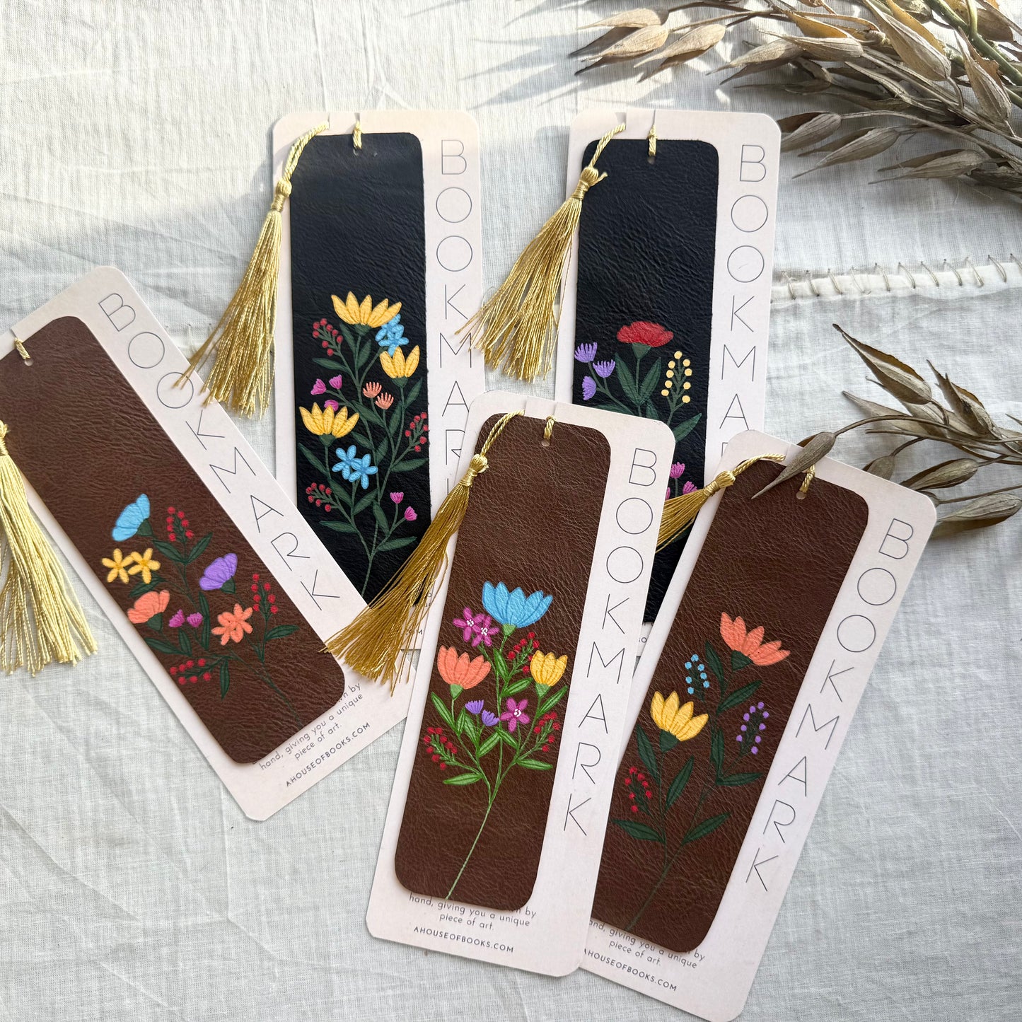 Leather Tassel Bookmarks with Wildflower Design
