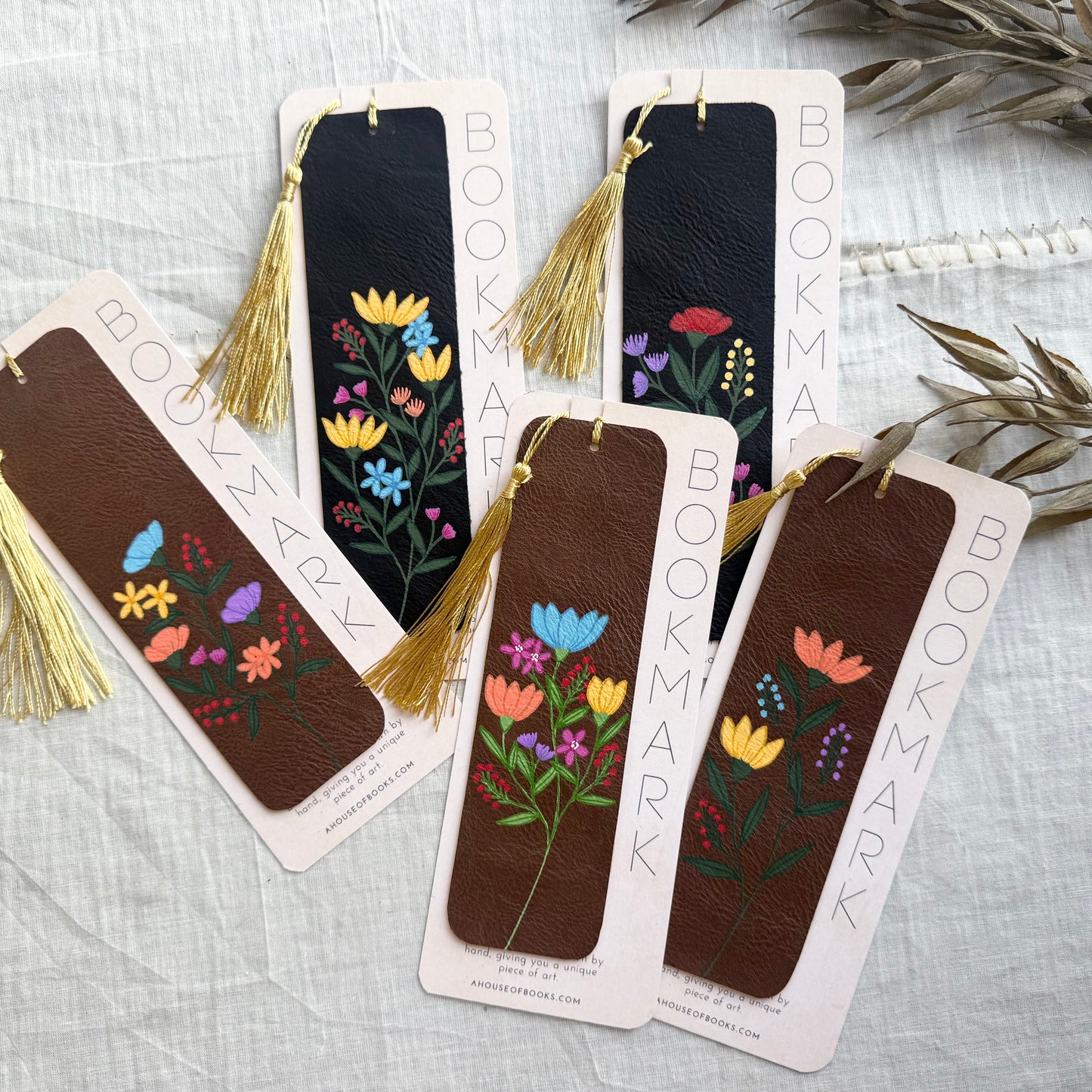 Leather Tassel Bookmarks with Wildflower Design