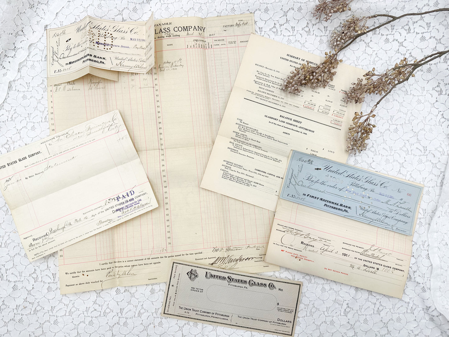 Glass Company Ledger Page and Ephemera