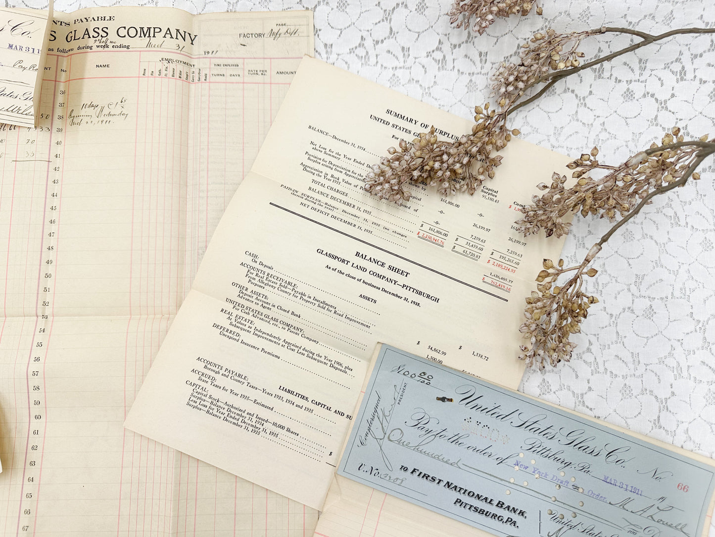 Glass Company Ledger Page and Ephemera