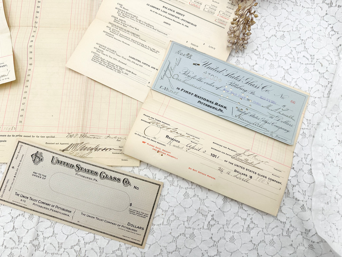 Glass Company Ledger Page and Ephemera