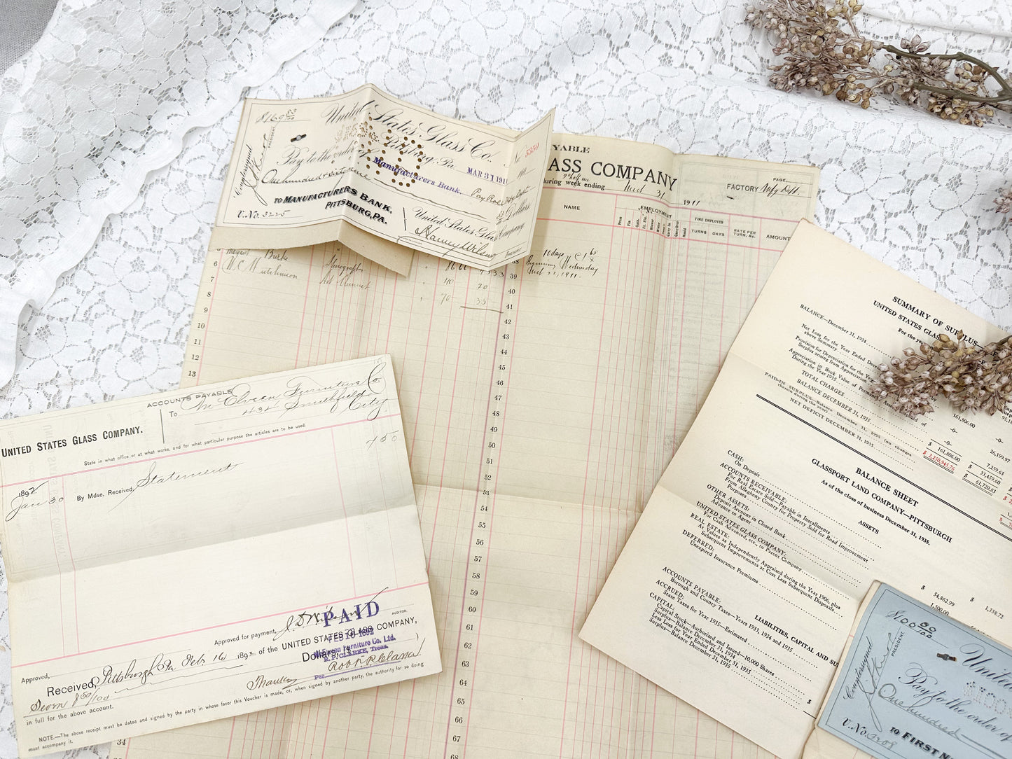 Glass Company Ledger Page and Ephemera