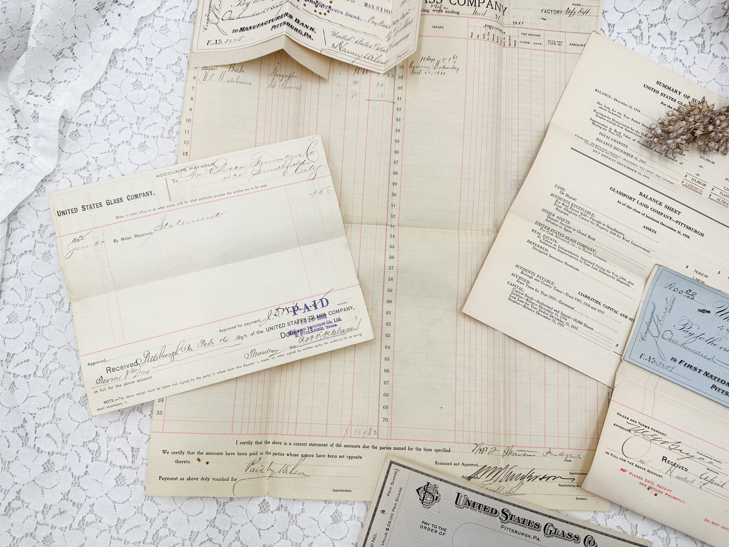 Glass Company Ledger Page and Ephemera