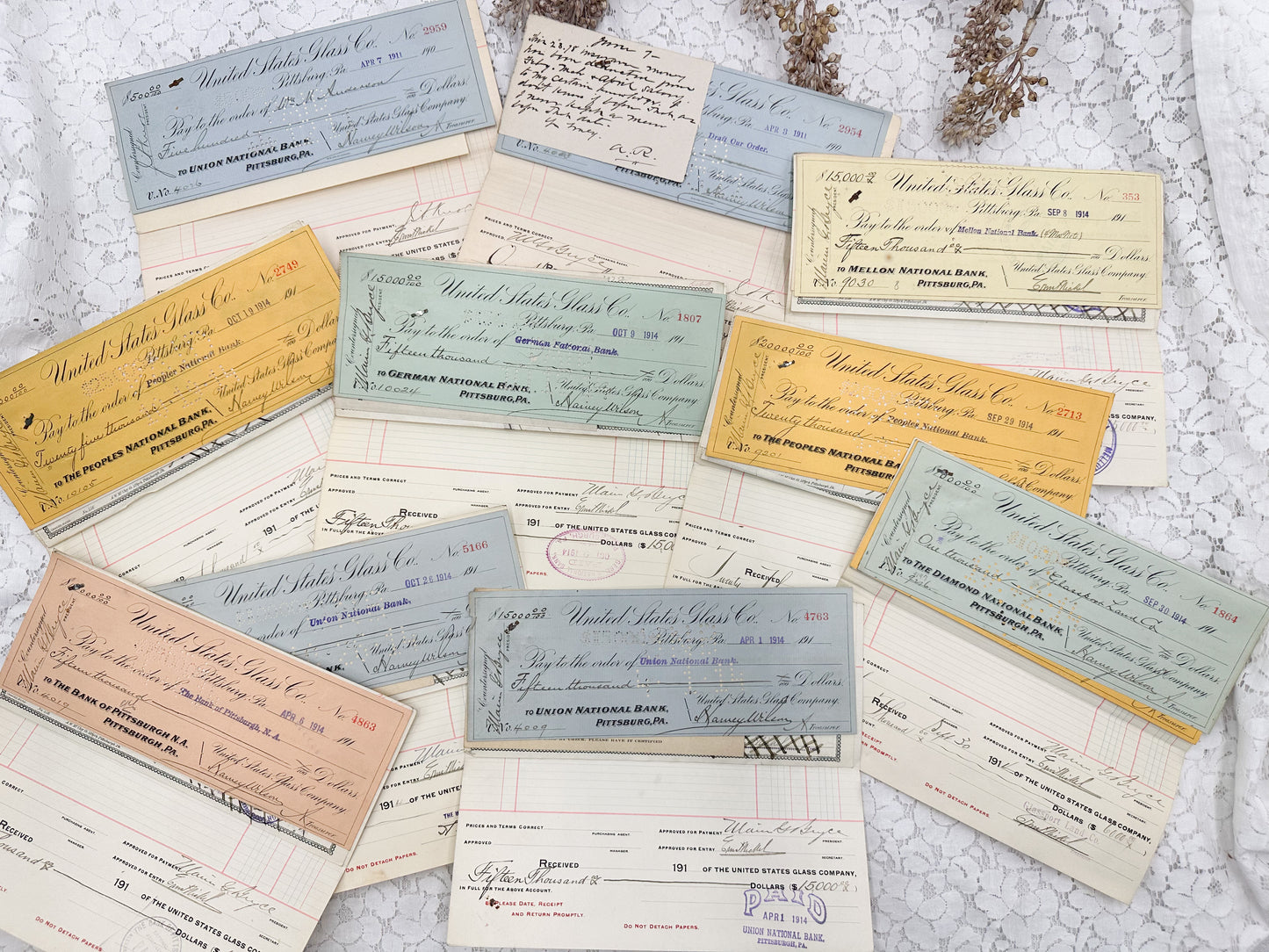 Glass Company Checks and Documents (Set of 10)