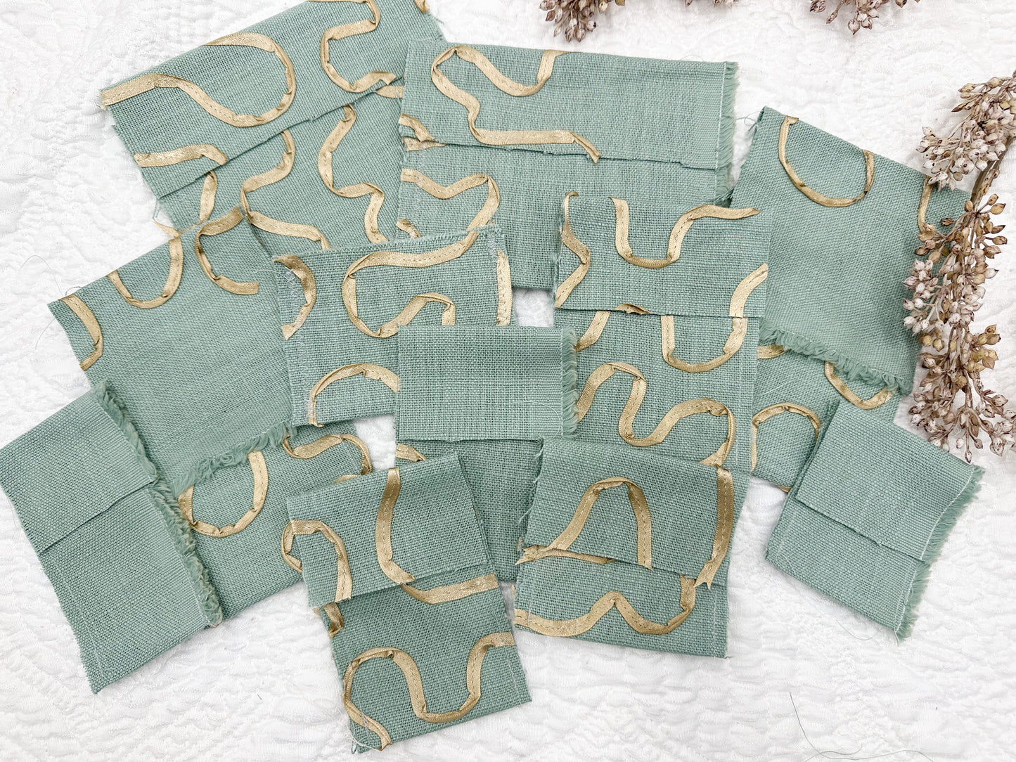 Rough Sewn Teal Fabric Pockets (Set of 11)