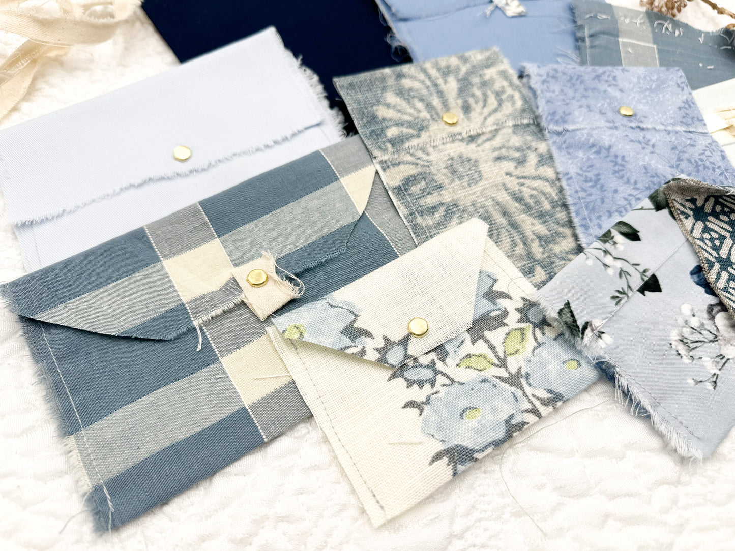 Rough Sewn Fabric Pockets and Pages in shades of Blue