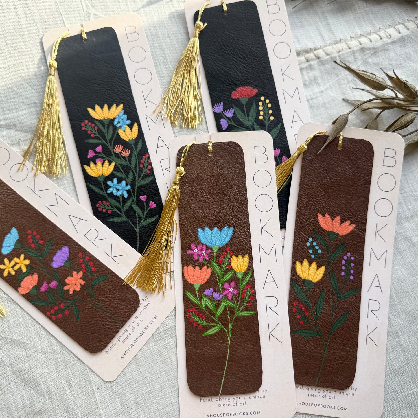 Leather Tassel Bookmarks with Wildflower Design