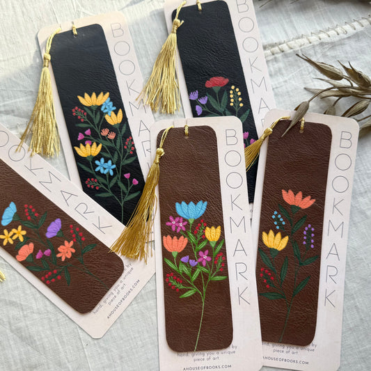 Leather Tassel Bookmarks with Wildflower Design