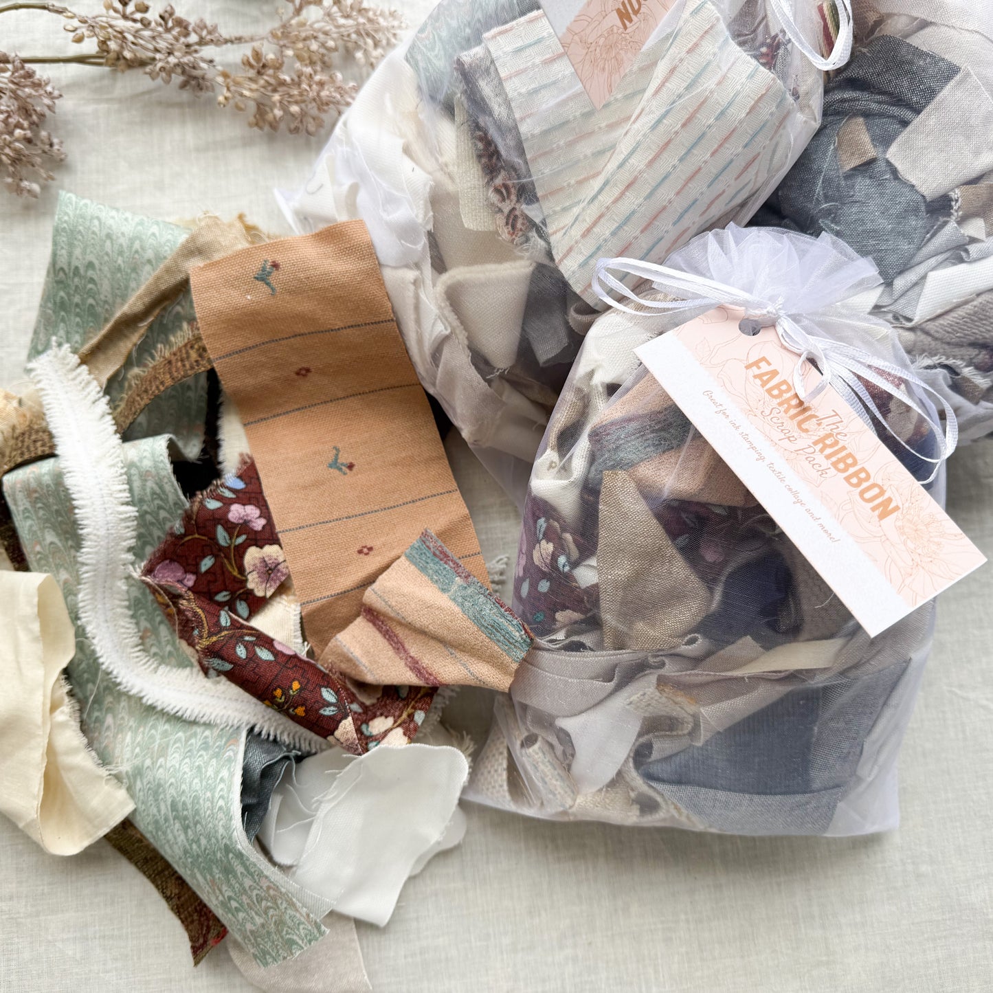 Fabric Scrap Bag- Ribbon and Smalls (8x12 inch bag)
