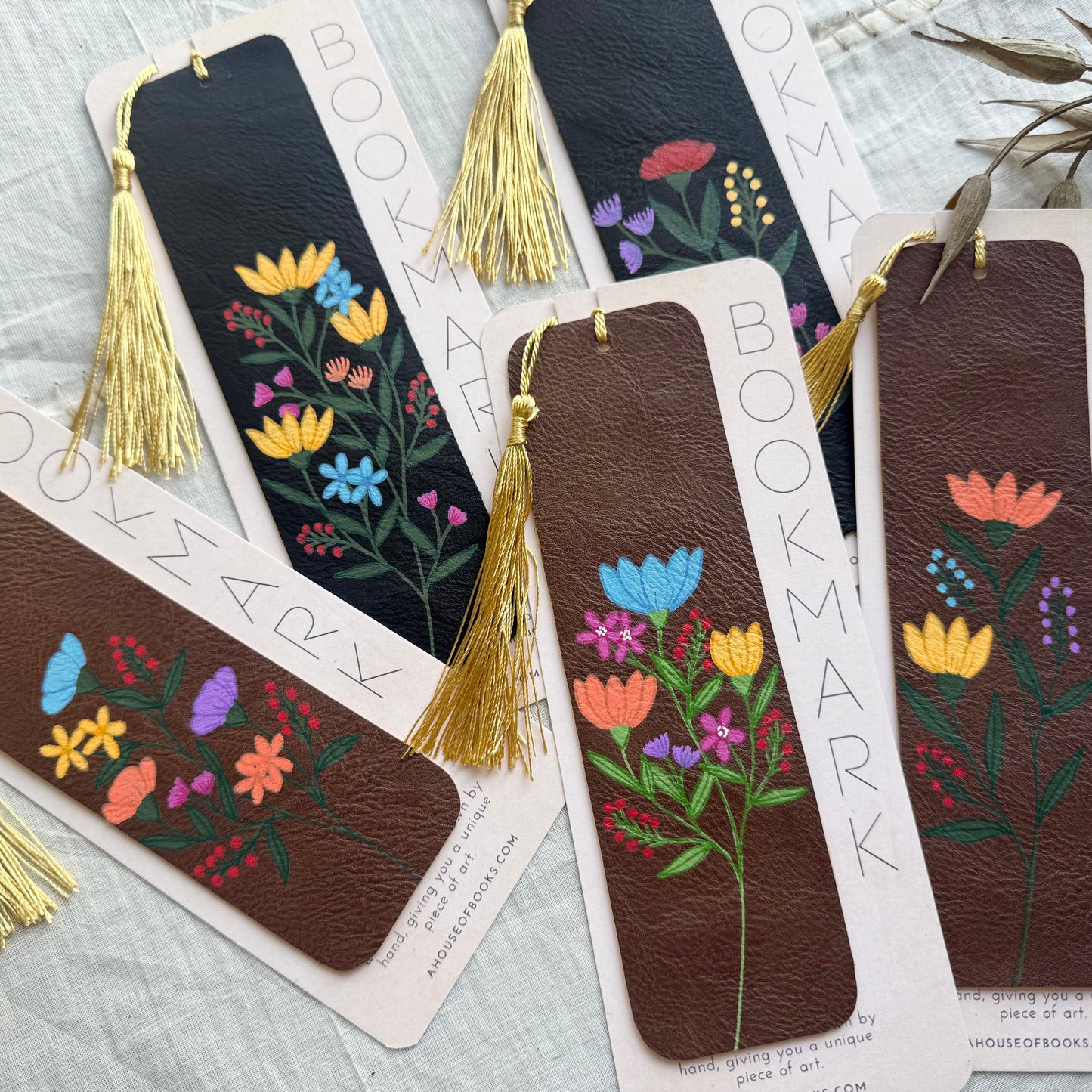 Leather Tassel Bookmarks with Wildflower Design
