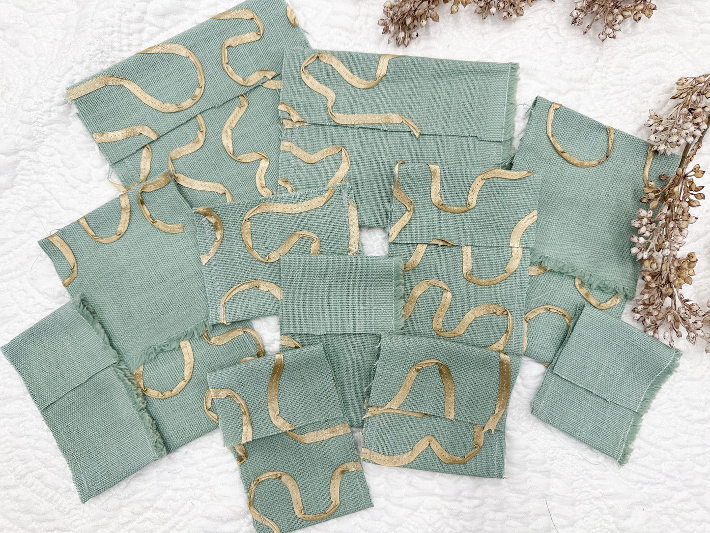 Rough Sewn Teal Fabric Pockets (Set of 11)