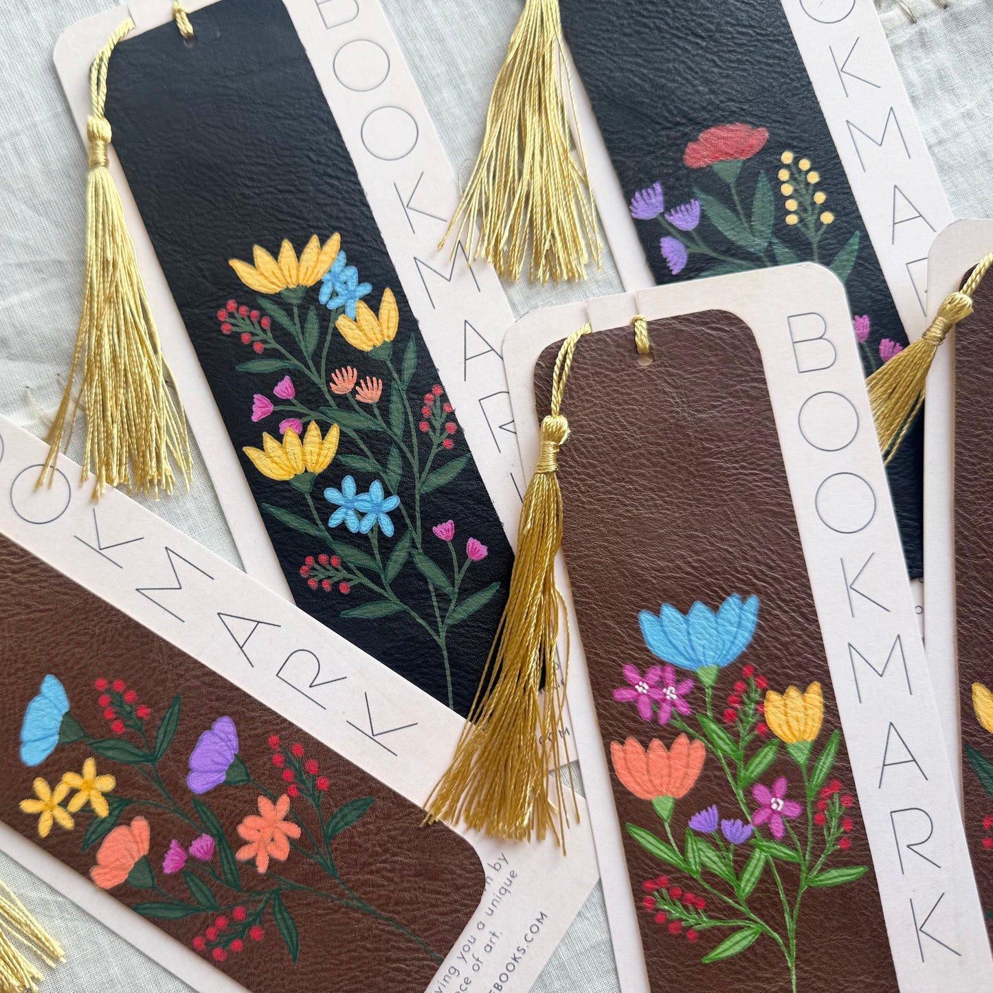 Leather Tassel Bookmarks with Wildflower Design