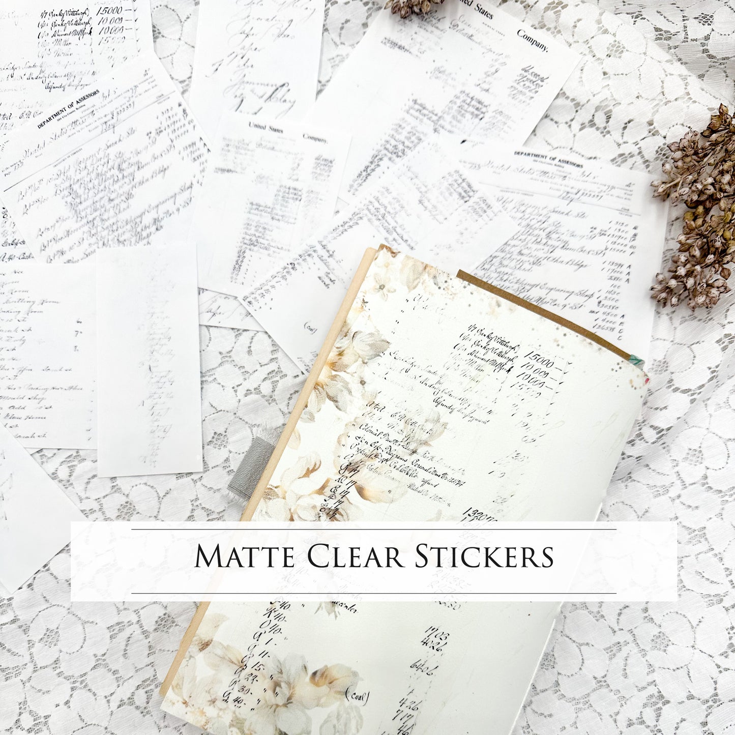Clear Matte Stickers of Vintage Ledger Writing
