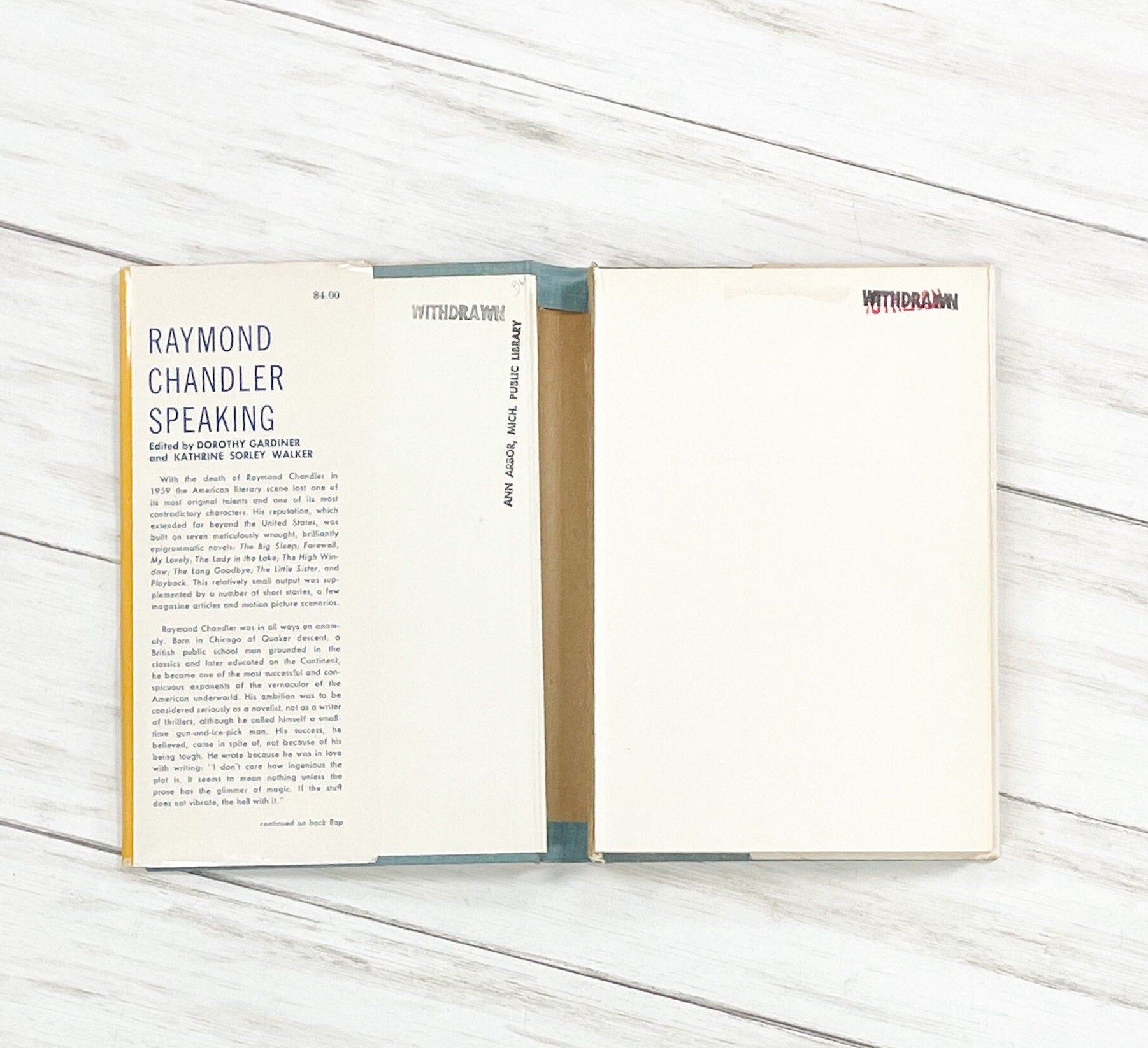 Vintage Book, First Edition, Raymond Chandler Speaking by Dorothy Gardiner and Kathrine Sorley Walker