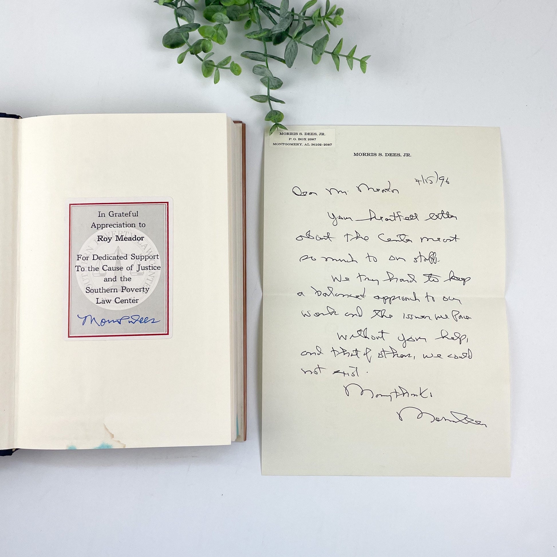Signed with Personal Letter, A Season for Justice by Morris Dees with Steve Fiffer