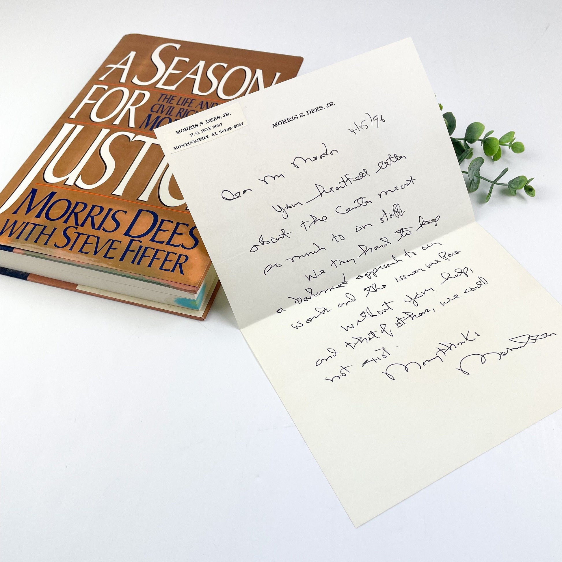 Signed with Personal Letter, A Season for Justice by Morris Dees with Steve Fiffer